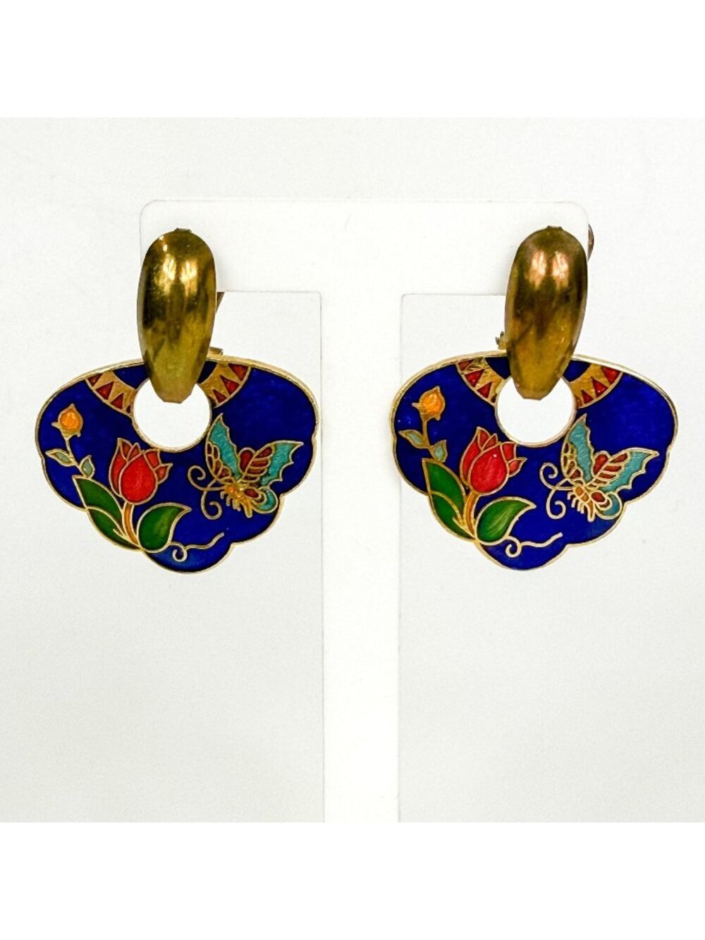 Blue Cloisonne Tulip Butterfly Door Knocker Pierced Earrings Gold-Tone Vintage D